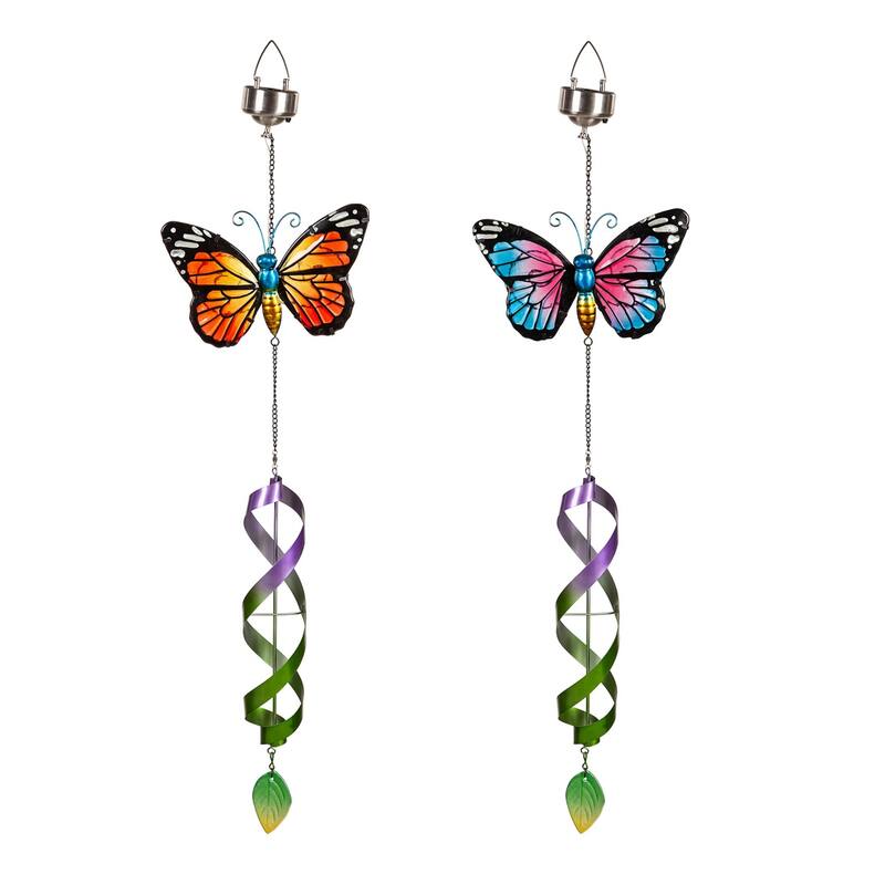 23 in. Glass Butterfly Spinning Solar Hanging Decor, Set of 2