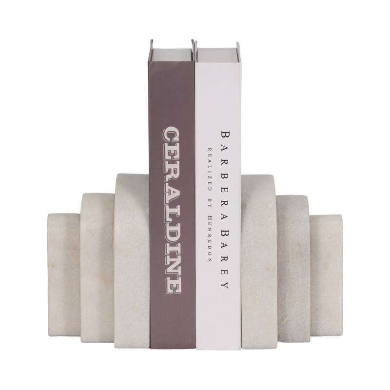 Set of 2 Bookends - Contemporary Layered Arches 6" White Marble Bookends for Decorative Book Display and Storage for