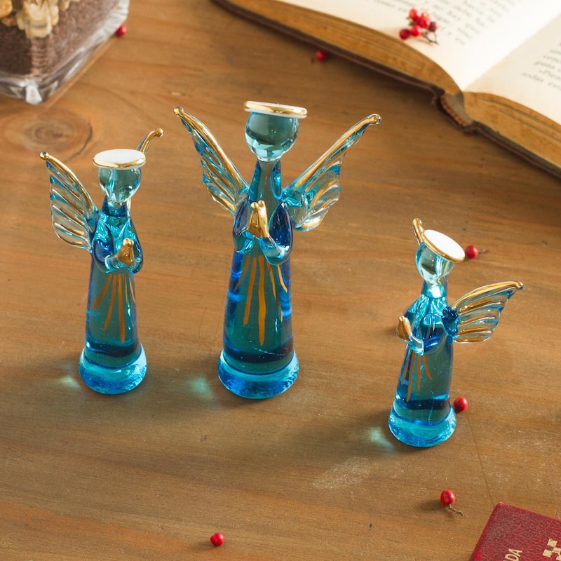 Novica Handmade Reverent Angels In Blue Glass Figurines (Set Of 3)