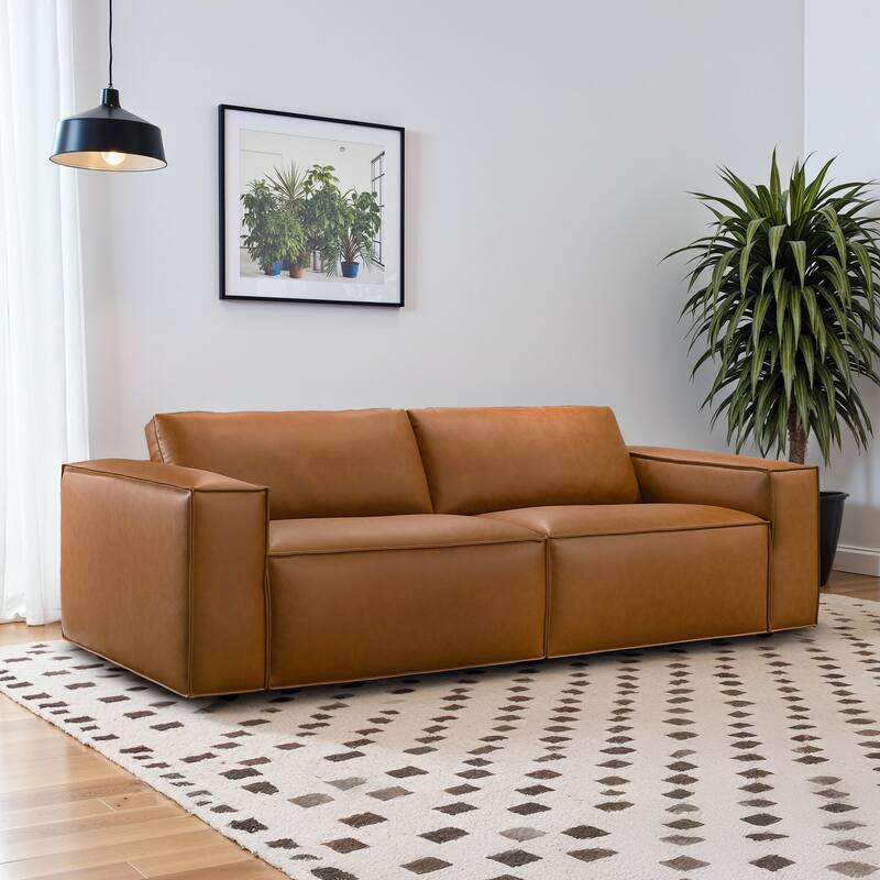 York Mid-Century Modern Vegan Leather Comfortable Sofa - Cognac PU Leather