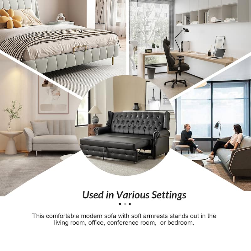 Ruedi Transitional 73.6" Vegan Leather Sofa Bed with Tufted Back and Nailhead by HULALA HOME