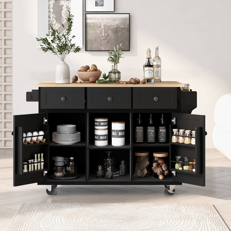 Mobile Kitchen Island Cart with Drop-Leaf Countertop & Storage Cabinet - Black