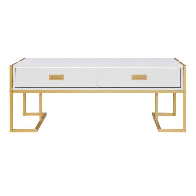 Luxury Coffee Table, Rectangular Center Table for Living Room, Modern Large Coffee Tables with 2 Storage Drawers & Gold Leg