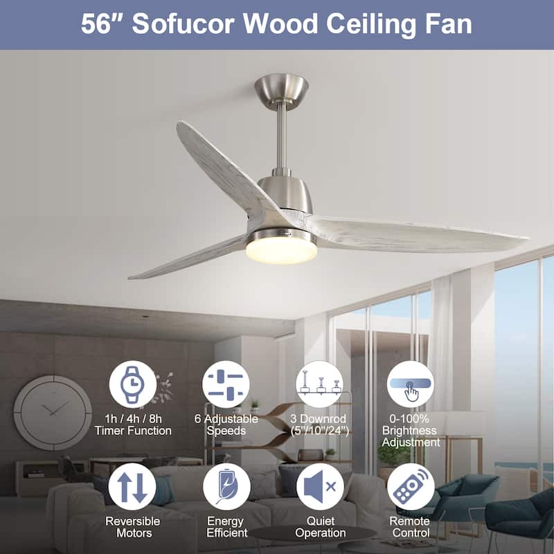 Sofucor 56 inch Ceiling Fans with Light,Remote Control,3 Solid wood Blades Farmhouse ,Large Airflow - 56 Inches