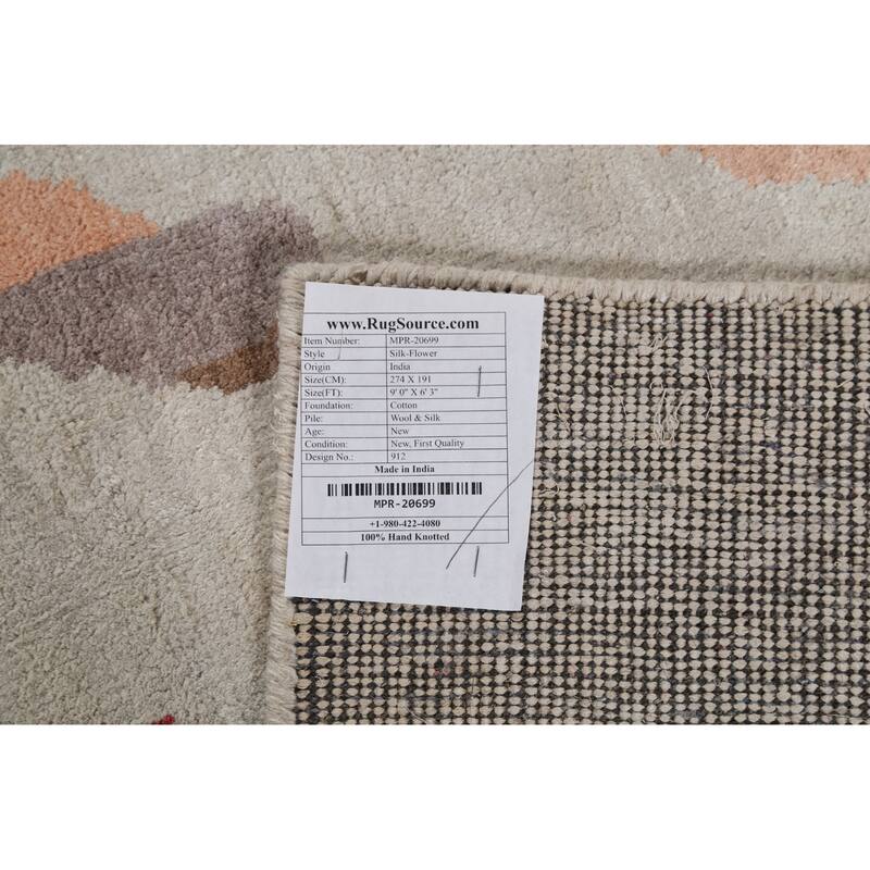 Handmade Flowers Wool & Silk Indian Area Rug - 6'3"x 9'0"