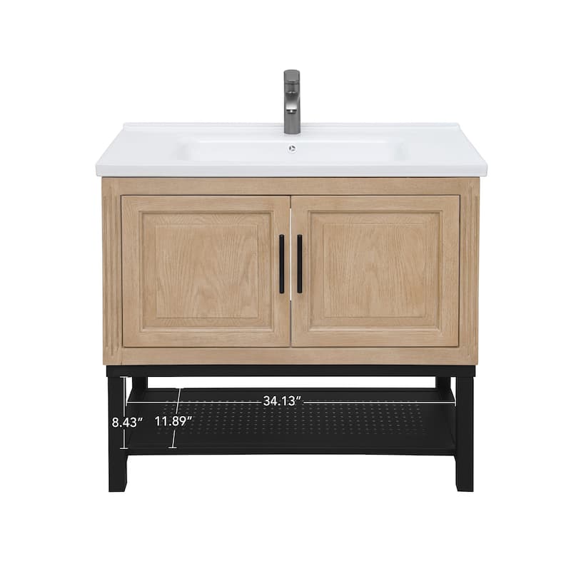 GDFStudio - CompactLine Modern Freestanding Bathroom Vanity with Ceramic Sink and Open Metal Shelf - 36 Inch