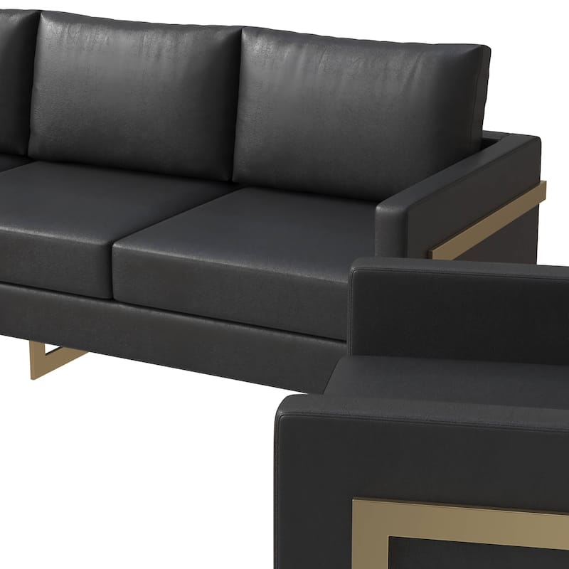 3-Piece Leather Sofa Set with Gold Stainless Steel Base and Removable Cushions