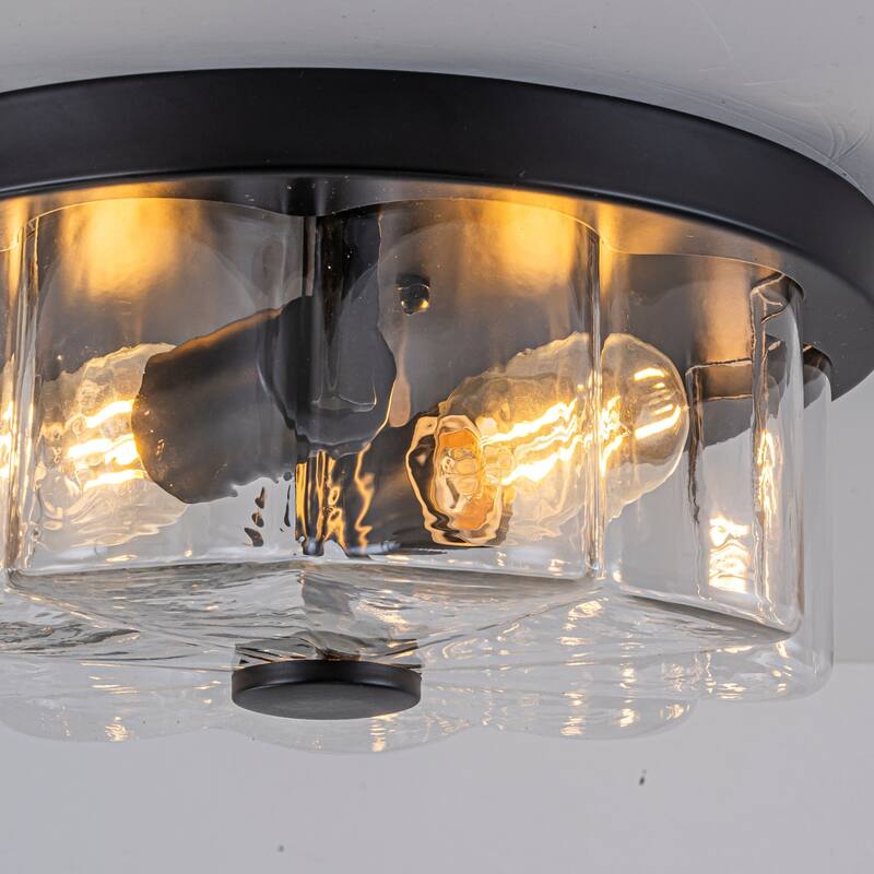 2-light Modern Farmhouse Matte Black Flush Mount Ceiling Light with Clear Flower-Shaped Glass Shade