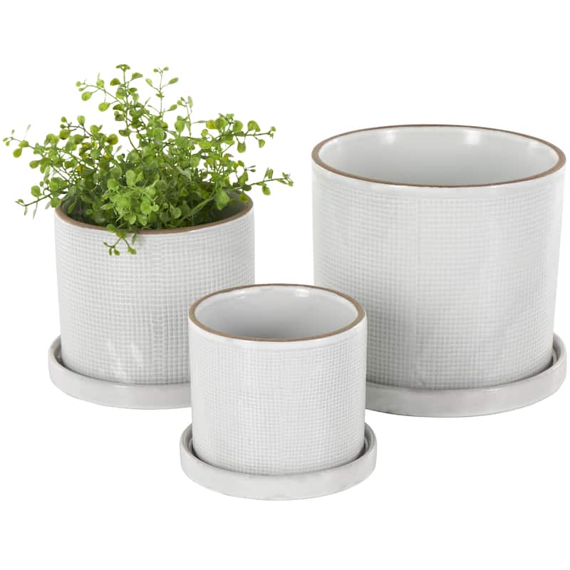Ceramic Geometric Grid Patterned Indoor Outdoor Planter with Brown Accents and Base Tray - Set of 3 White - Roche River Decor - White