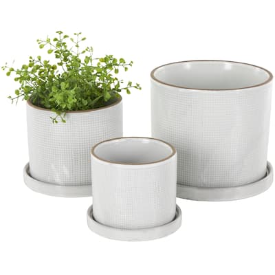 Ceramic Geometric Grid Patterned Indoor Outdoor Planter with Brown Accents and Base Tray - Set of 3 White - Roche River Decor