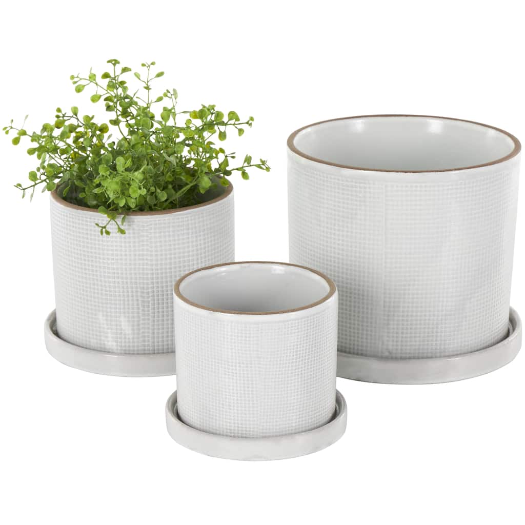 Ceramic Geometric Grid Patterned Indoor Outdoor Planter with Brown Accents and Base Tray - Set of 3 White - Roche River Decor