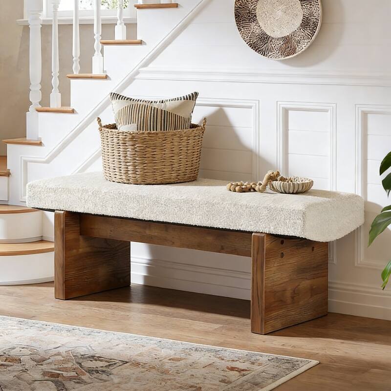 55" Solid Wood Entryway Bench, Upholstered Bedroom Bench - White & Walnut
