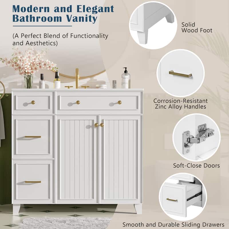 36" Bathroom Vanity with Ceramic Sink, Standard and Double-Layer Drawers, Soft Close Doors, Adjustable Shelves