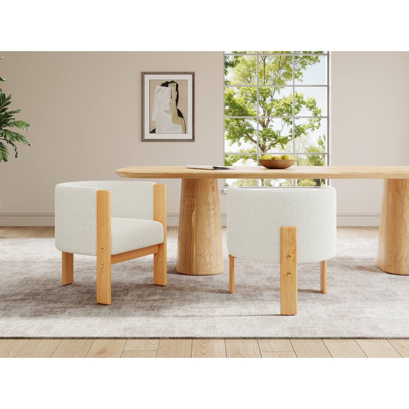 Upholstered Dining Chairs Set of 2, White Boucle Fabric Armchairs with Rubber Wood Frame, Modern Accent Chair
