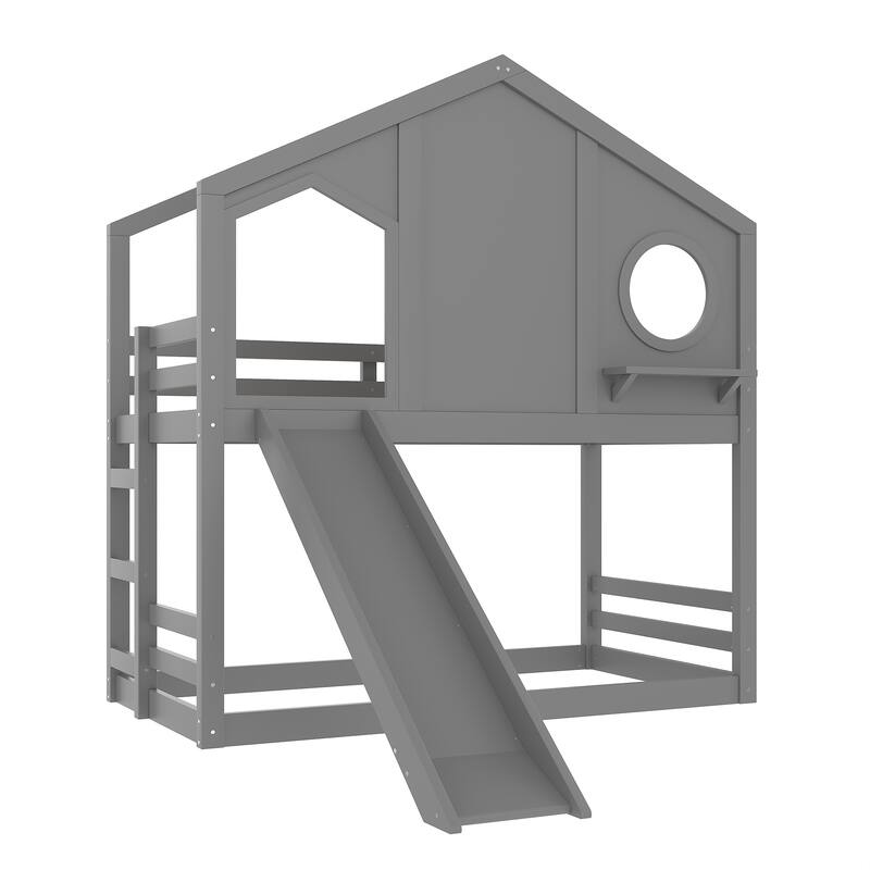 Twin House Bunk Bed with Slide & Storage Shelves - Solid Wood, Childlike Design, Window