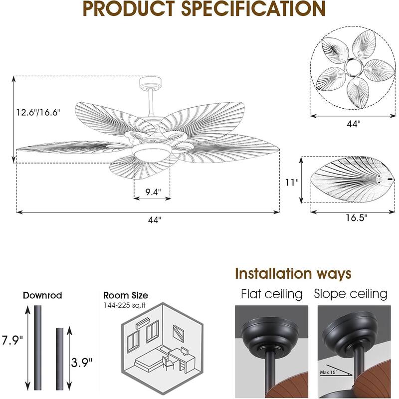 44" Wood GrainTropical Ceiling Fan with Light and Remote,Indoor and Outdoor Ceiling Fan,Waterproof - 44 Inches