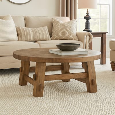 Ack Round Cocktail Coffee Table, Block Legs, 40 Inch Brown Pine Wood