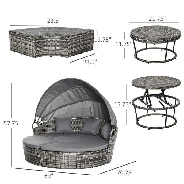 Outsunny 5 Pieces Patio PE Wicker Lounge Set, Outdoor Rattan Garden Conversation Furniture Set, Round Sofa Bed