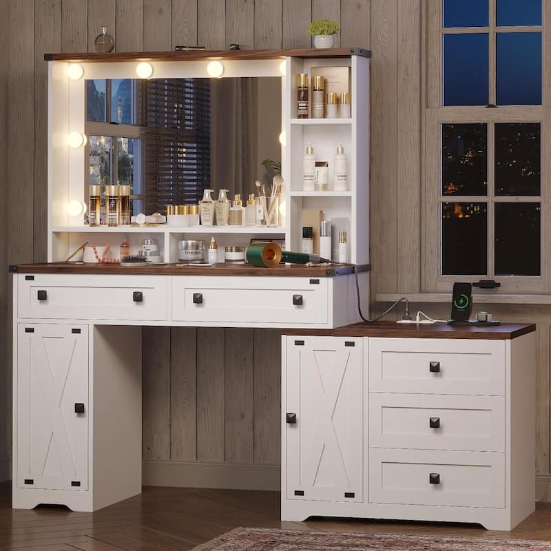Farmhouse Vanity Desk with Lights & Power Strip Drawers Cabinets