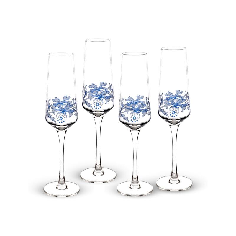 Spode Blue Set of 4 Italian Glassware Champagne Flutes - 8 oz - Clear and Blue - 8 oz