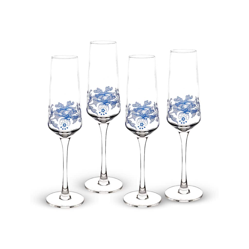 Spode Blue Set of 4 Italian Glassware Champagne Flutes - 8 oz