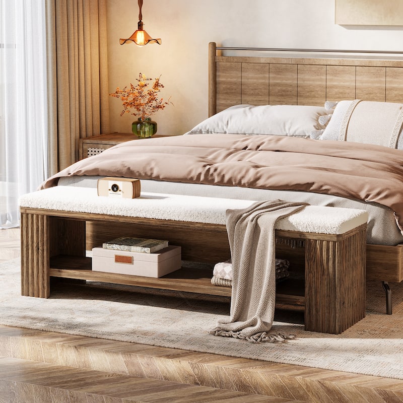 Solid Wood Entryway Bench, 63" Upholstered End of Bed Bench