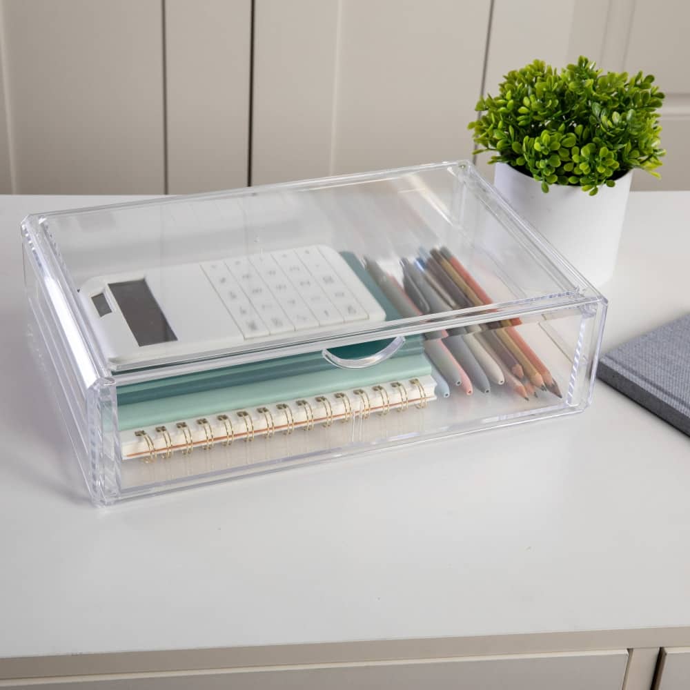Martha Stewart Plastic Desktop Organization Box with Half Moon Opening Pullout Drawer