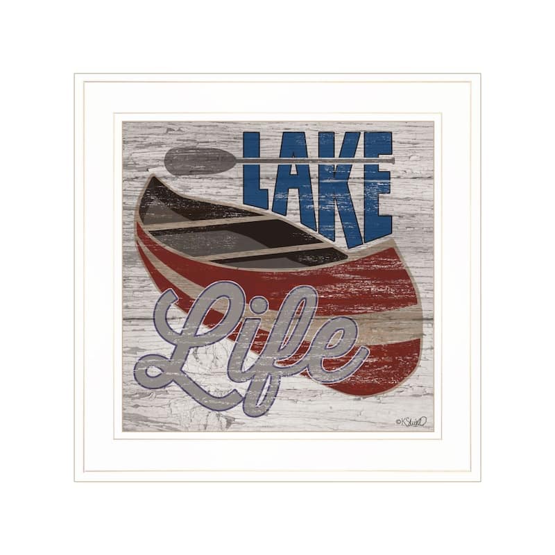 TrendyDecor4U Traditional "Lake Life Canoe" Framed Print Wall Art by Kate Sherrill - Brown, Tan, White