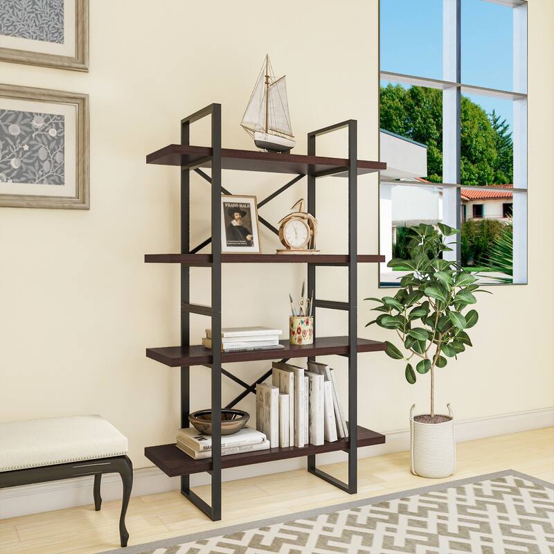 Leandro Black Walnut Adjustable Wood and Metal Display and Steel Etagere Bookcase - 56.7" H x 35.43" W x 12.5" D