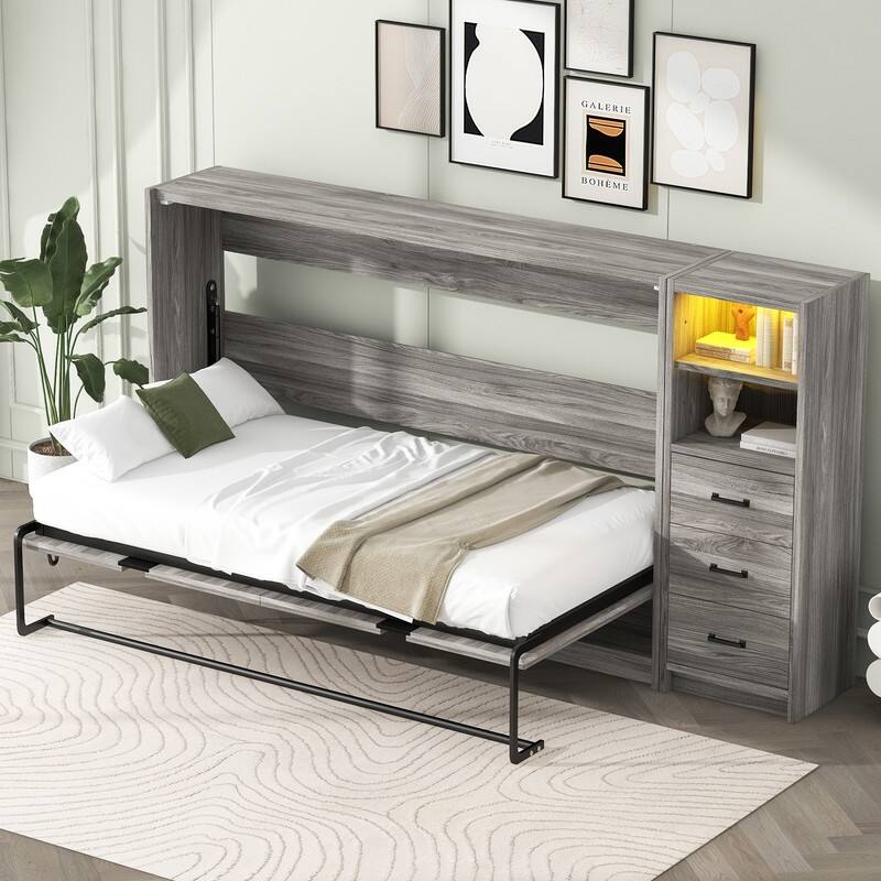 Twin Size Storage Murphy Bed with 2-Tier Shelf, 3 Drawers and LED Light, Full Size Folding Bed Frame Optional