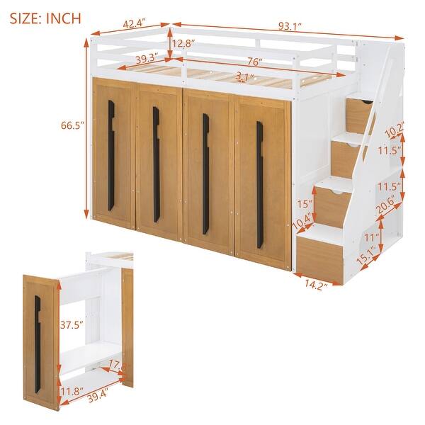 dimension image slide 1 of 2, Kids and Baby Twin Size Loft Bed with Two-Tone Storage Stairs and Pull-Out Wardrobes