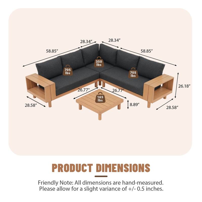 Outdoor 4-Piece Conversation Set Solid Eucalyptus Wood L-Shaped Sectional Sofa with Coffee Table