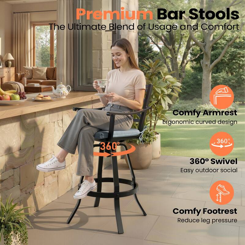 Pellebant Patio Outdoor Indoor Aluminum Swivel Bar Stools Dining Chairs with Sunbrella Cushion