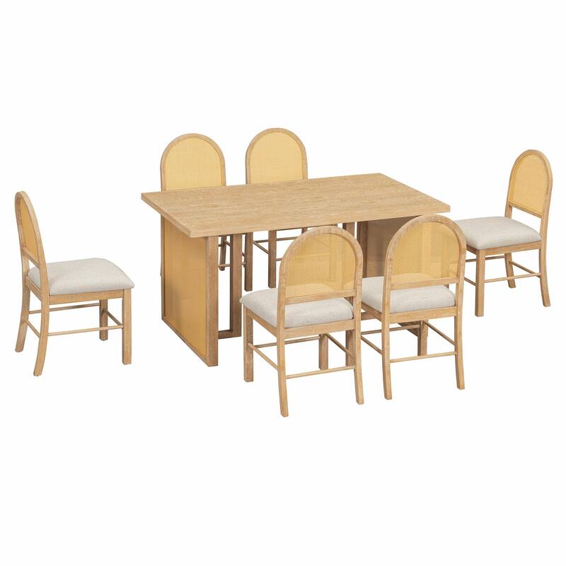7-Piece Farmhouse Dining Table Set for 6 - 59.8" Rectangular Table with Distressed Oak Veneer & 6 Rattan Chairs