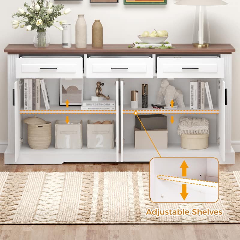 63" Fluted Sideboard Buffet Cabinet, Farmhouse Kitchen Storage Credenza with 4 Doors & 3 Drawers, Coffee Bar Console Table