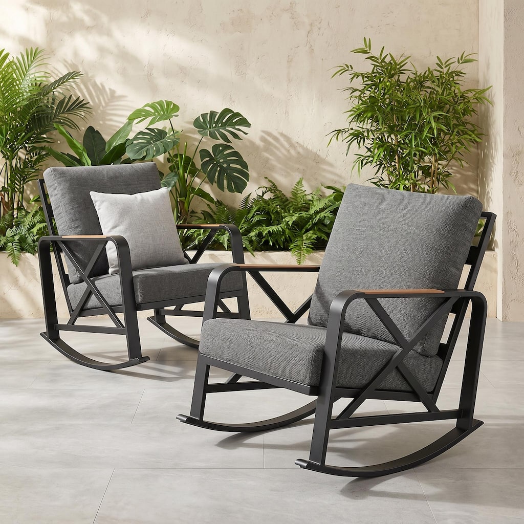 Patio Rocker With Cushions,Outdoor Rocking Chair with Wood Armrests