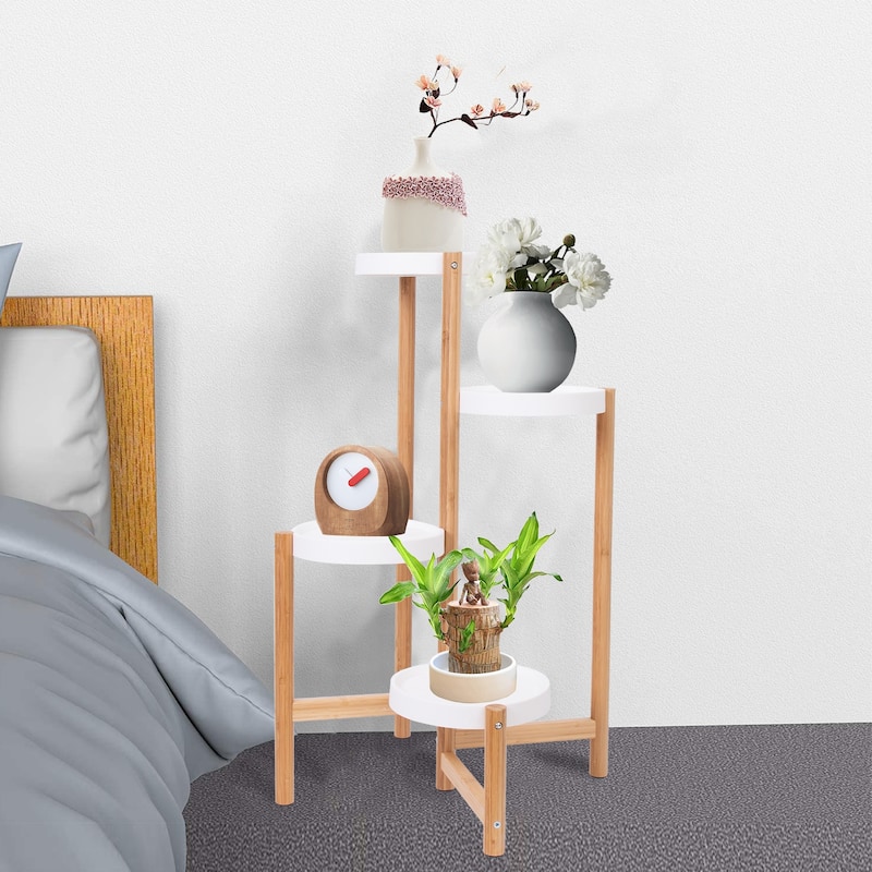 4-Tier Bamboo Plant Stand Flower Succulents Potted with Round White Shelf