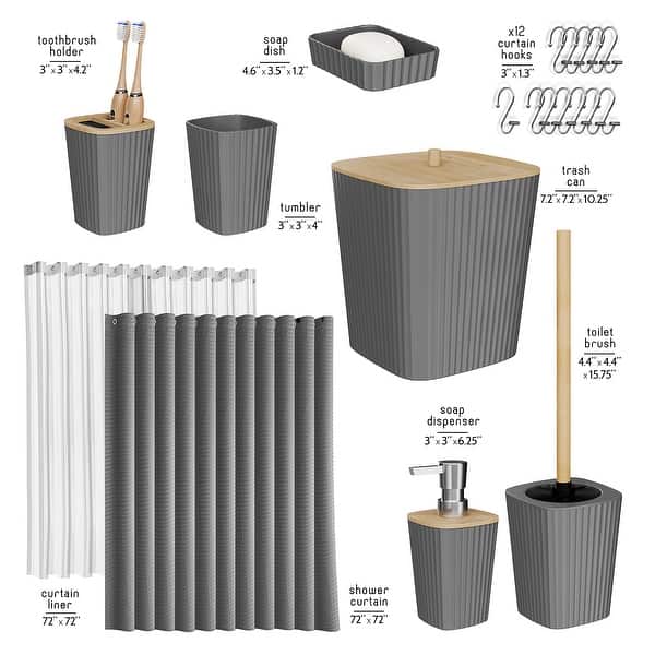 dimension image slide 0 of 3, Clara Clark Bamboo Bathroom Accessories Set with Shower Curtain Set, Toilet Brush, Trash Can & Soap Dispenser