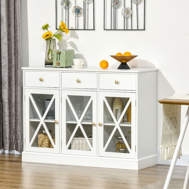 45" Farmhouse Sideboard Buffet Cabinet, Credenza,Coffee Bar Cabinet with Glass Doors and 3 Drawers, White