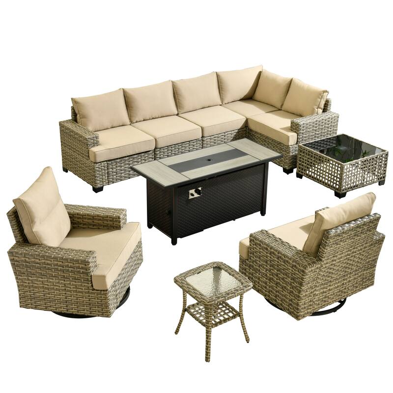 OVIOS 10 Pieces T shaped Seat Wide Armrest Swivel Chair Set With Solar-Powered Table&Fire Pit