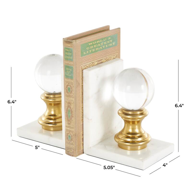 White Marble Decorative Bookends with Glass Orbs and Gold Accents (Set of 2)