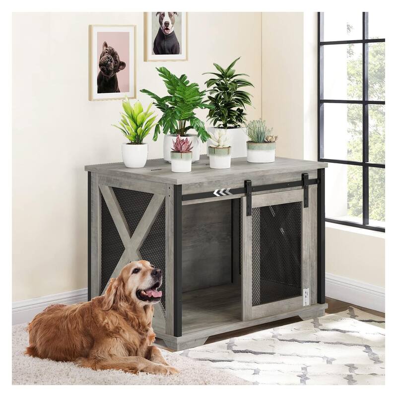 Rustic Dog Crate Furniture with Sliding Barn Door