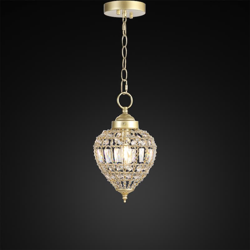 Satin Gold Beaded Clear Crystal 1 Light Island Pendant 9" Chandelier - 7" Wide x 9" Height