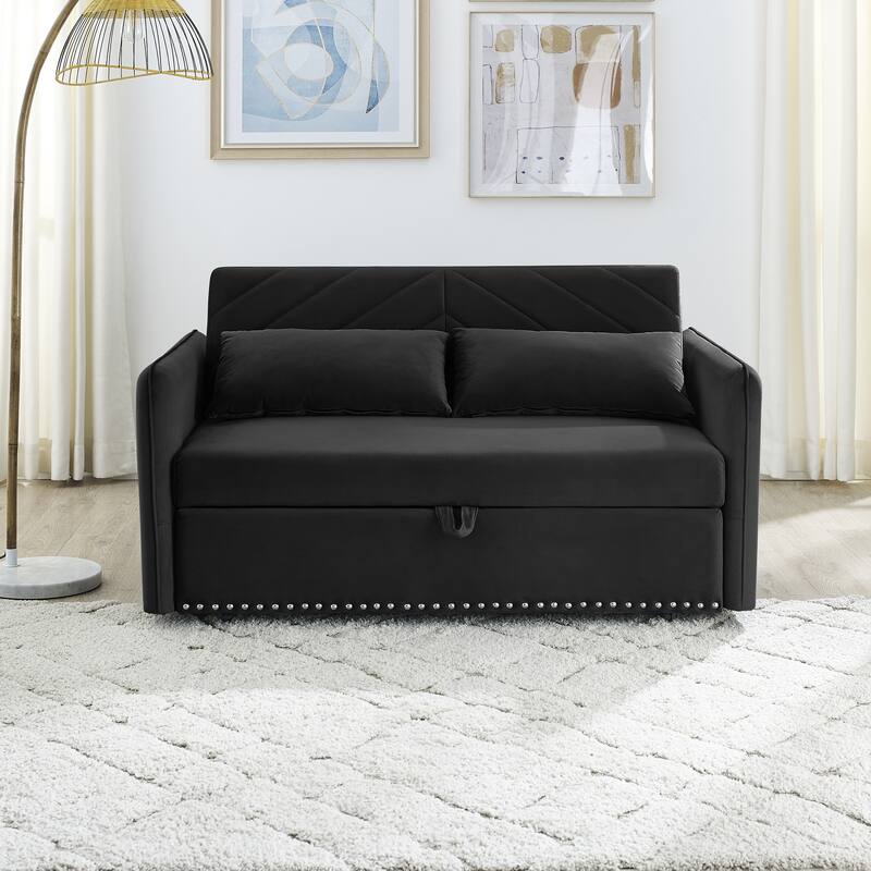 Pull-out sofa sleeper, 3-in-1 adjustable sleeper with pull-out bed, 2 lumbar pillows and side pocket
