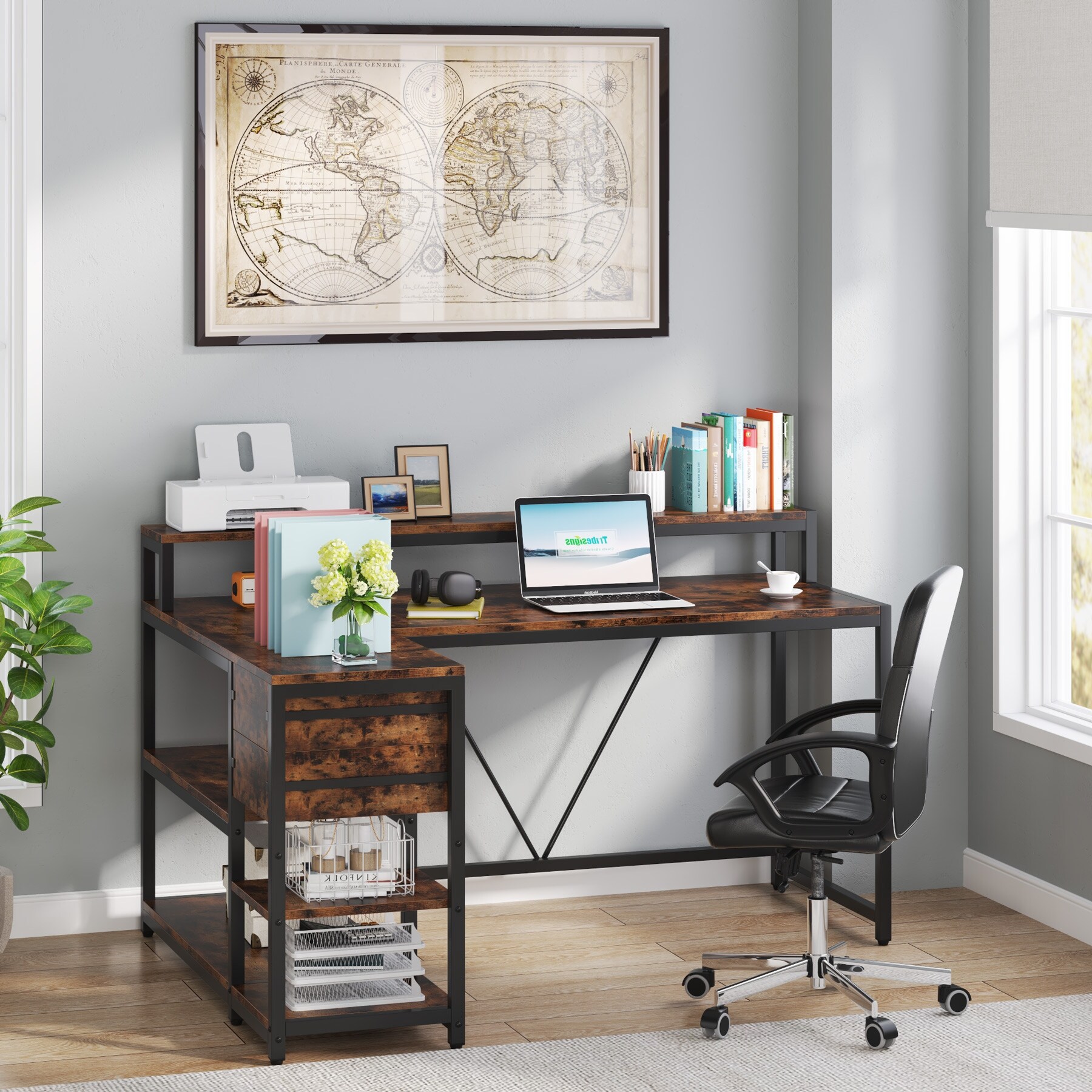 L Shaped Desk with Drawer, Home Office Corner Desk with Storage