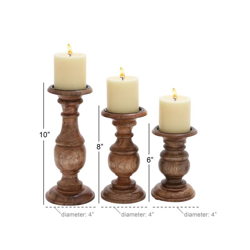 Mango Wood Distressed Turned Pillar Decorative Candle Holder - Set of 3 - Roche River Decor