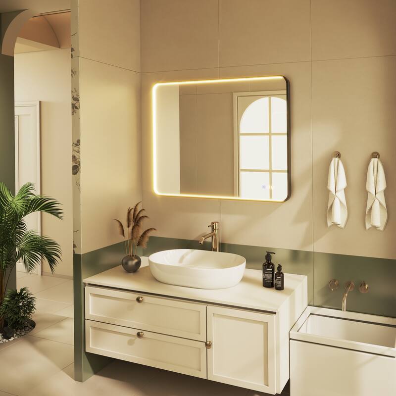 Organnice Rectangular LED Aluminum Black Framed Light Rounded Wall Mirror with Front Light