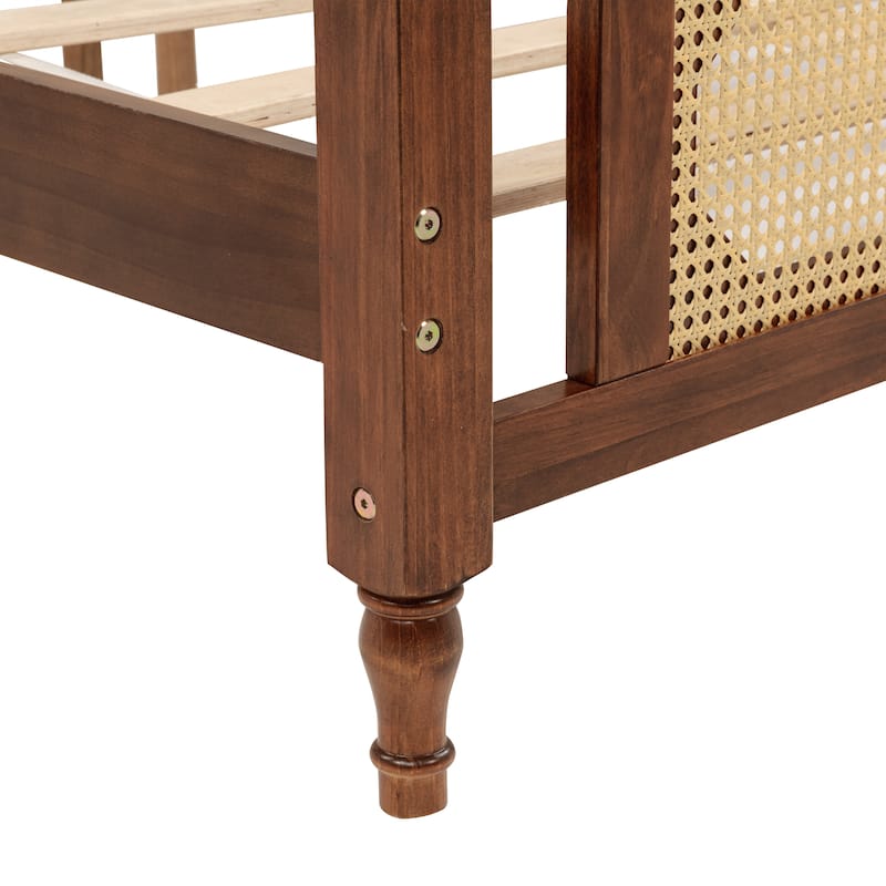King Pine wooden Bed with Rattan Headboard and Footboard