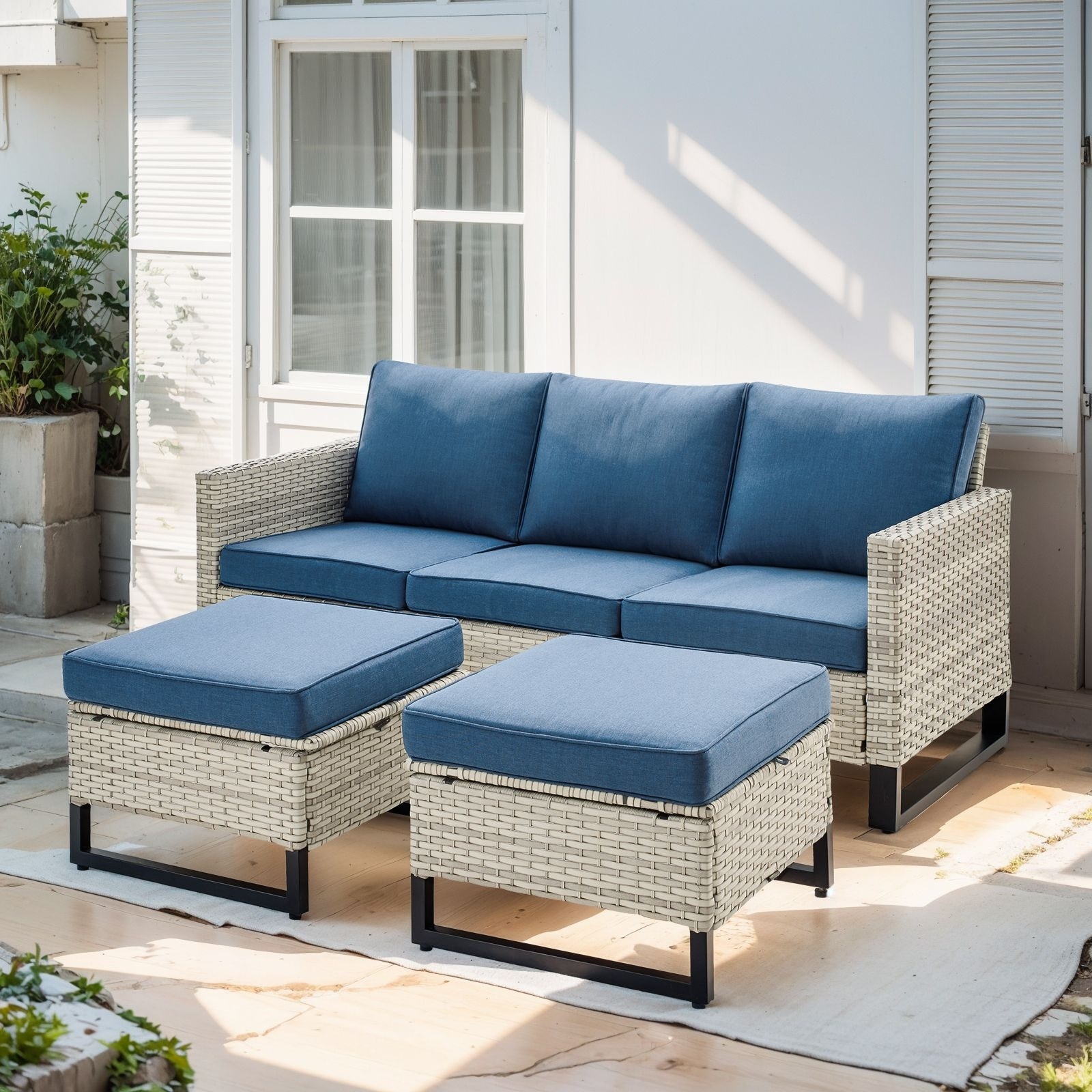 3 Pieces Outdoor Wicker Sofa with Ottomans Light Grey - Blue - Light Grey