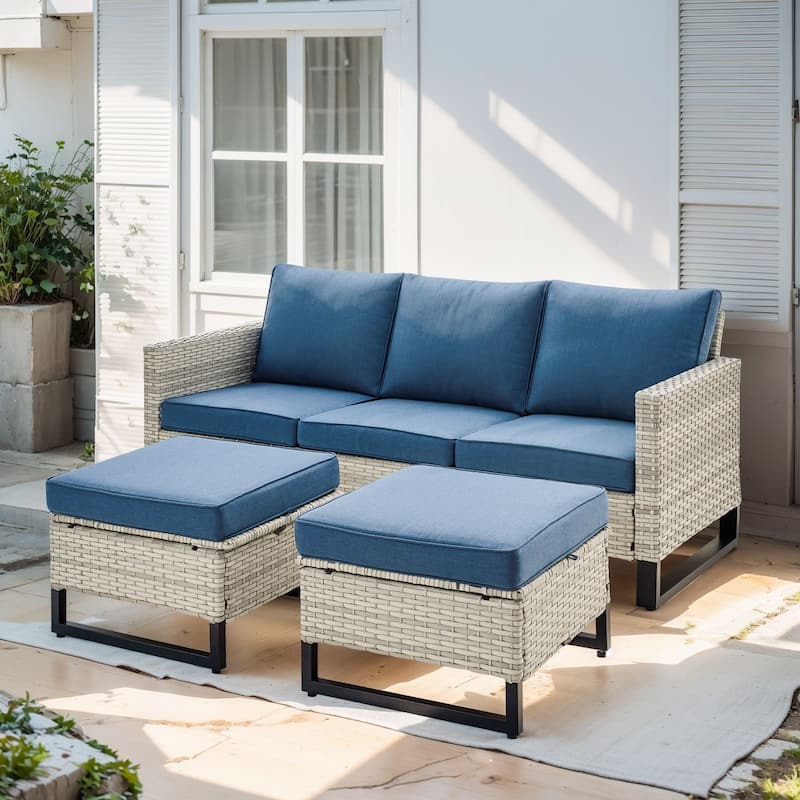 3 Pieces Outdoor Wicker Sofa with Ottomans - Blue - Light Grey